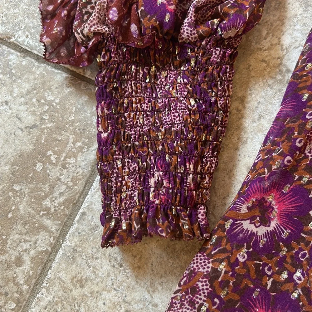 Ulla Johnson Burgundy Floral Ruffled High-Neck Blouse